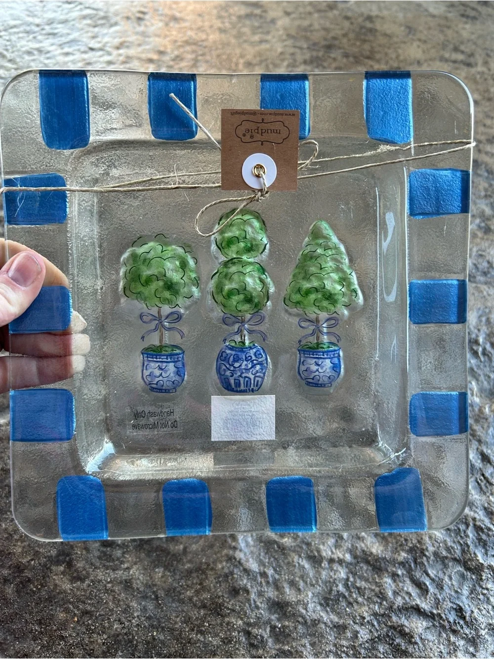 Mud Pie Topiary Glass Plate NWT Blue Green Square 9”x9”